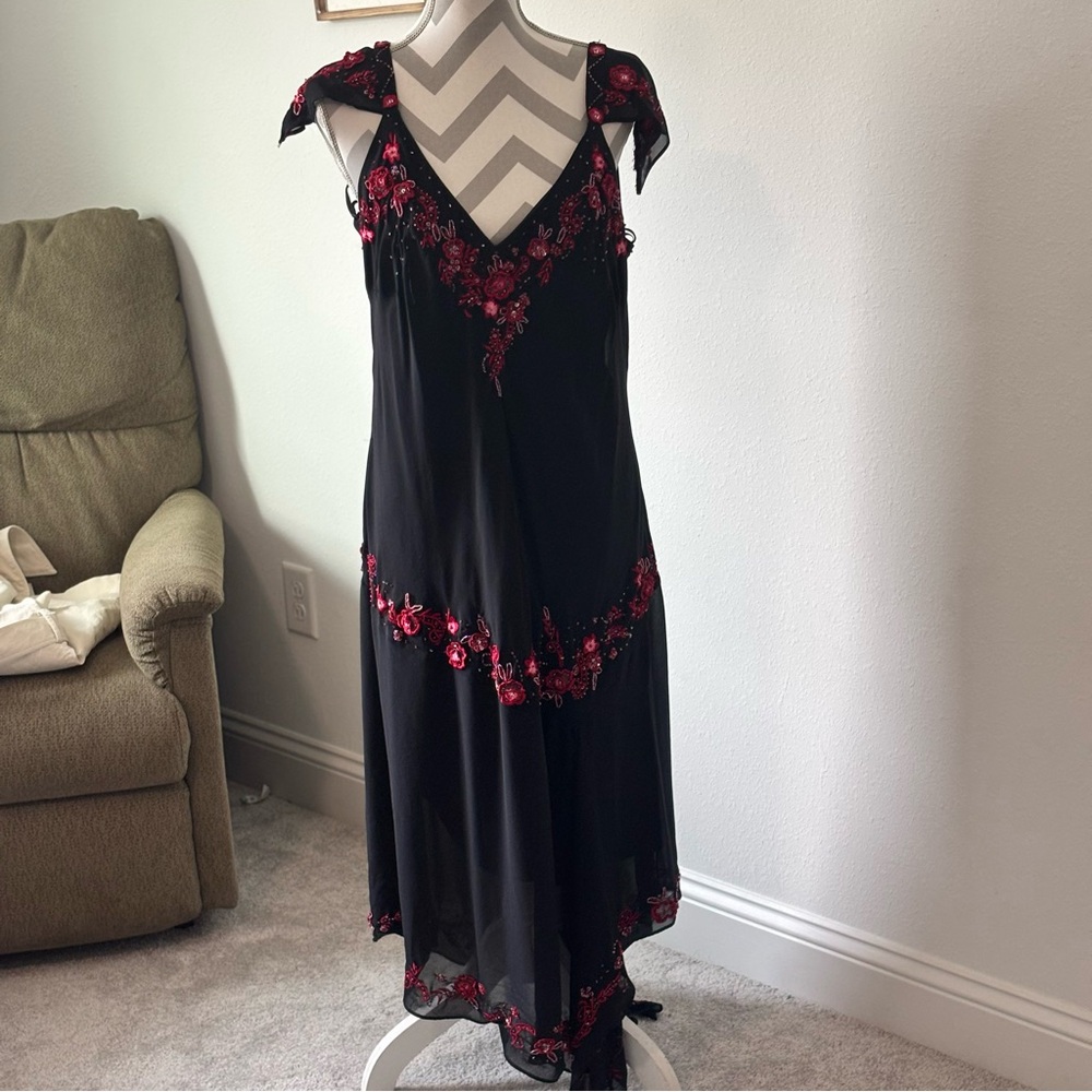 R&M Richards Black Midi Dress with Red Floral Embroidery